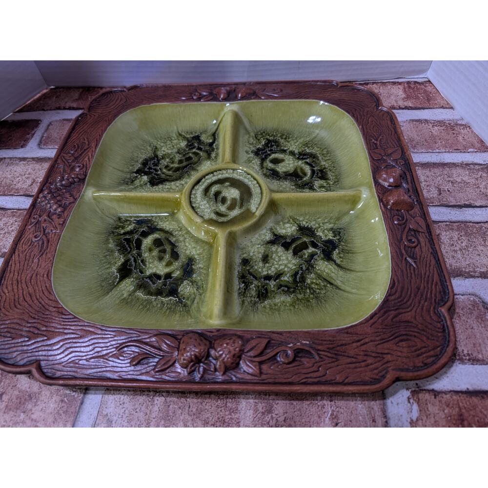 Vintage 1960’s Treasure Craft USA Green & Brown Divided Serving Platter Retro